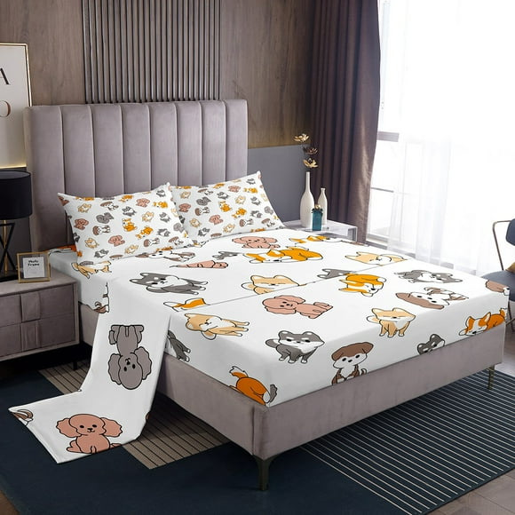 Erosebridal Funny Dogs Bed Sheets Queen, Corgi Pug Dachshund Bedding Sets Queen Size, Pet Lovers Home Decor 4-Piece