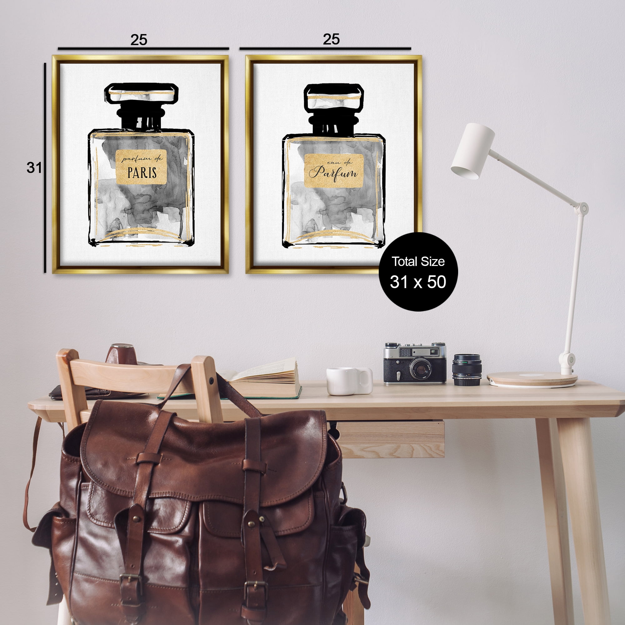 Stupell Industries Gray Gold Parfum Bottle Fashion Painting Gold Floater Framed Canvas Art Print Wall Art, 31 x 25, Set of 2