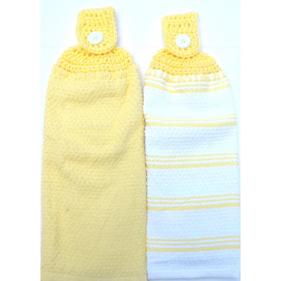 SET OF 2 MATCHING YELLOW TERRY CLOTH KITCHEN TOWELS - DOUBLE THICK/FULL WITH HANDMADE CROCHET TOPPER