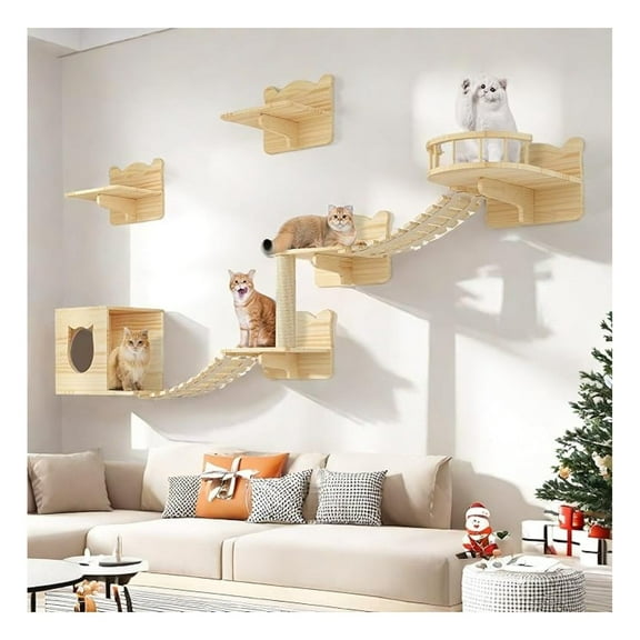 Cat Wall Shelves, Wood Cat Wall Furniture(9 Piece Set), Solid Wooden Feline Shelf, with Perches, Bed, House, Steps, Bridge Ladder and Scratching Post