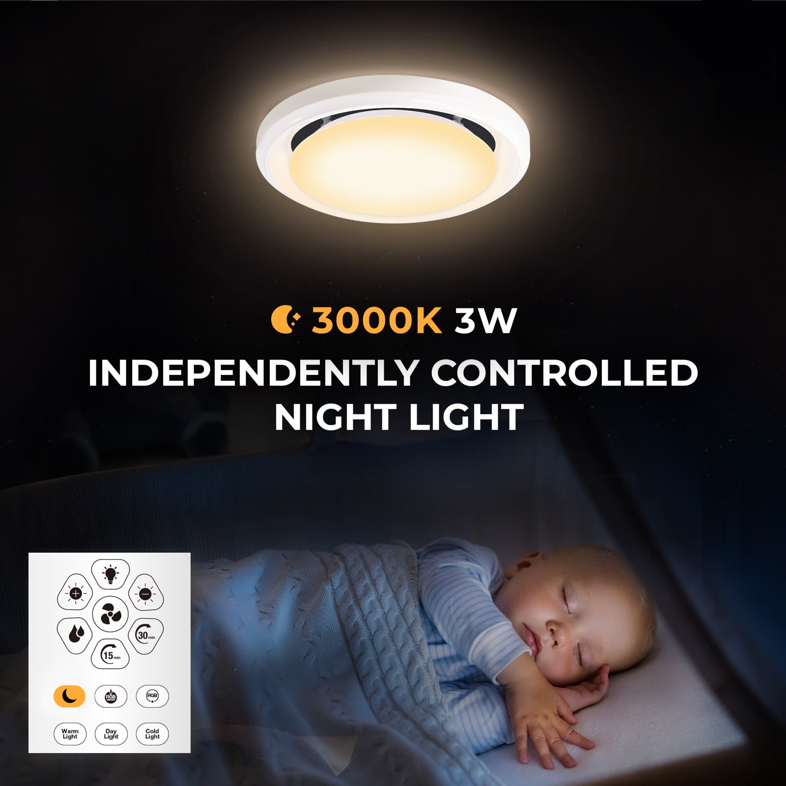 Akicon Bathroom Exhaust Fan with Humidity Sensor, 110 CFM 1.5 Sones Vent Fan with RGB Light, 3CCT Dimmable LED Light & Nightlight for Shower Room, Round, White