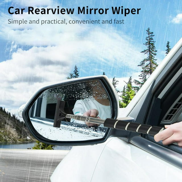 Car Rearview Mirror Wiper, Telescopic Auto Mirror Squeegee Portable Side Mirror Squeegee Cleaning Brush for Glass Window Windshield, Black