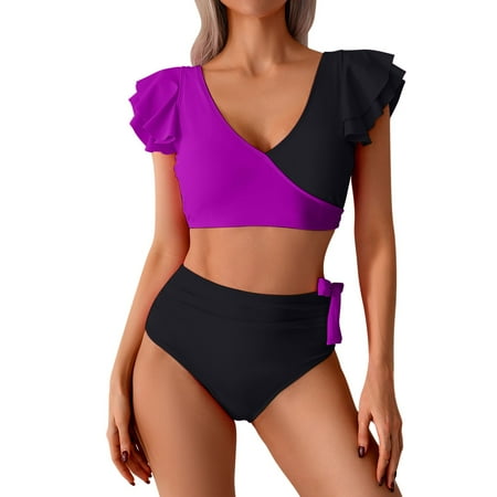 Dezsed Womens High Waisted Bathing Suits Tummy Control Two Piece Swimsuits Ruffle Bikini Sets Color Block Ruched Swimwear Clearance Purple M