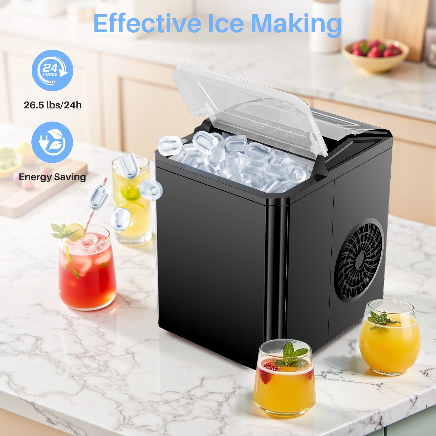 Ice Maker, 9 Cubes in 6 Mins, 26lbs/24Hrs, Portable Countertop Icemaker, Self Cleaning Quiet 2 Sizes, with Ice Scoop, for Home/Kitchen/Camping/RV, Black