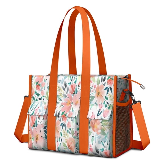 Teacher Tote Bag,Pioneer Flower Floral Print Pattern Teacher Utility Tote Bag,Large Work Tote Bags for Women with Multiple Pockets,Top Zipper Closure,13.8x10.6x6.7 Inch