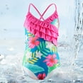 thumbnail image 2 of Cute One Piece Swimsuit for Girls Hawaii Flower Print Ruffle Hem Spaghetti Strap Kids Bathing Suit, 2 of 3