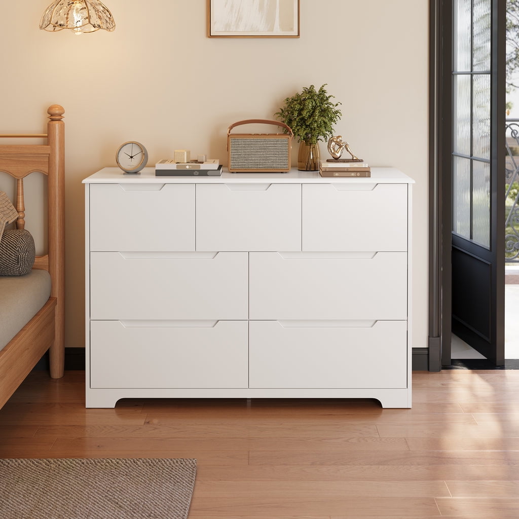 Aiho 7 Drawer Dresser, Wide Chest of Drawers Nightstand Storage Tower Storage Wooden Dresser for Living Room, Bedroom, Hallway - White