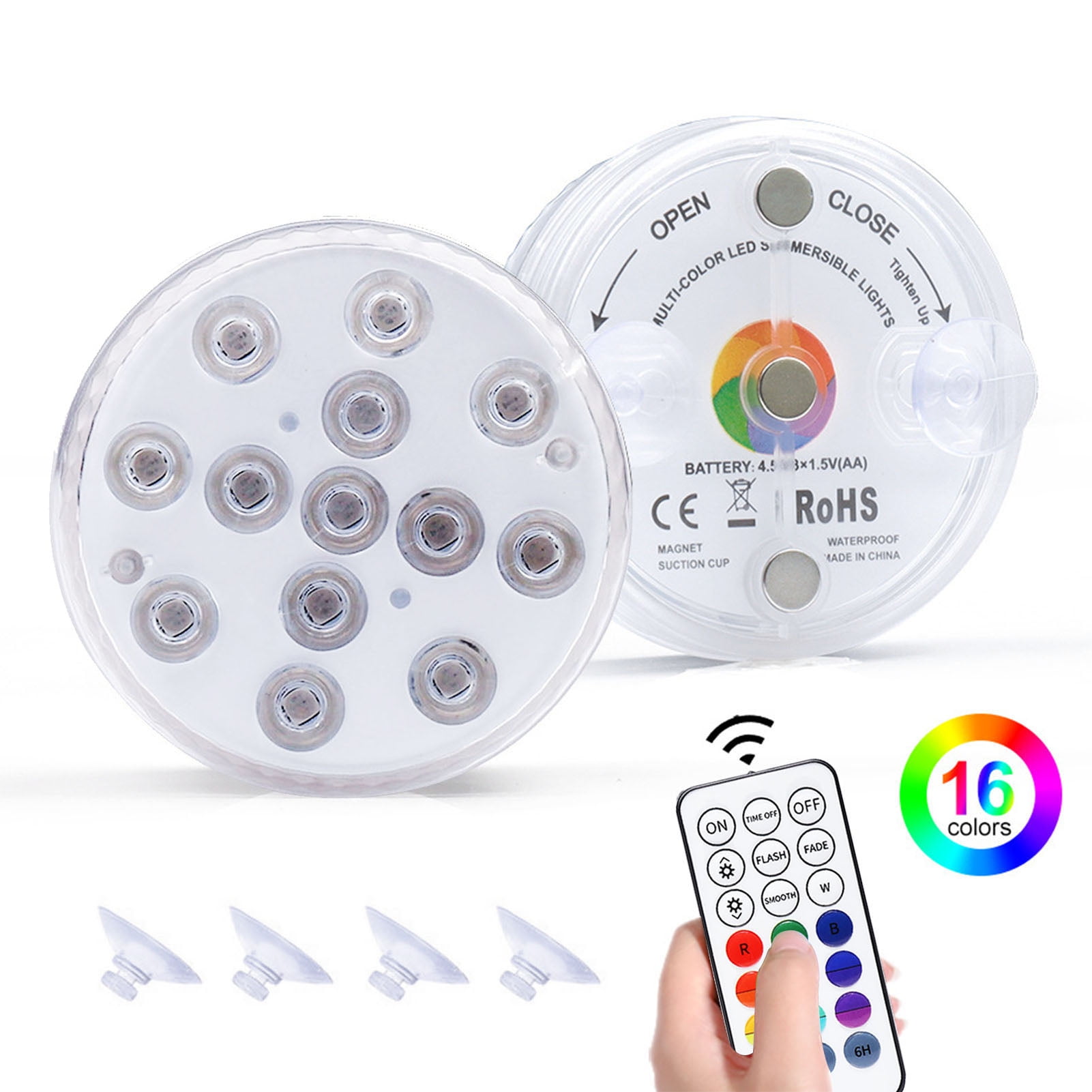 Fish Tank Bathroom 13LED USB Rechargeable Underwater Light Swimming Pool Light 7cm Diameter with RF Remote Control 3 Magnets 2 Suction Cups IP68 Diving Light for Swimming Pool Fountain