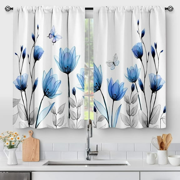 Floral Vintage Flower Kitchen Curtains - Rustic Blue Tulip Farmhouse Short Cafe Tier Curtains for Bathroom Woman Botanical Butterfly Rod Pocket Window Drapes 24 Inch Length 2 Panels Set