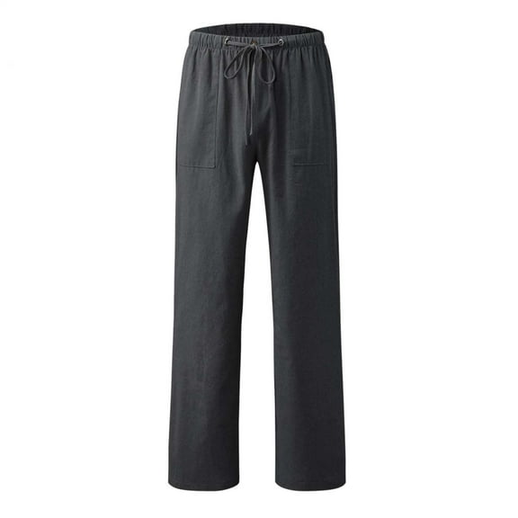 Patlollav Mens Linen Pants Drawstring Elastic Solid Color Loose Casual Trousers New