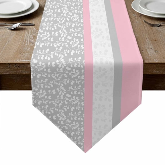 Pink Grey Table Runner Linen Burlap Table Runner 70 Inches Long Chic Garden Floral Stripe Aesthetic Flower Boho Dresser Scarves for Kitchen Island Coffee Dining Room Party Holiday Decoration 13"x70"