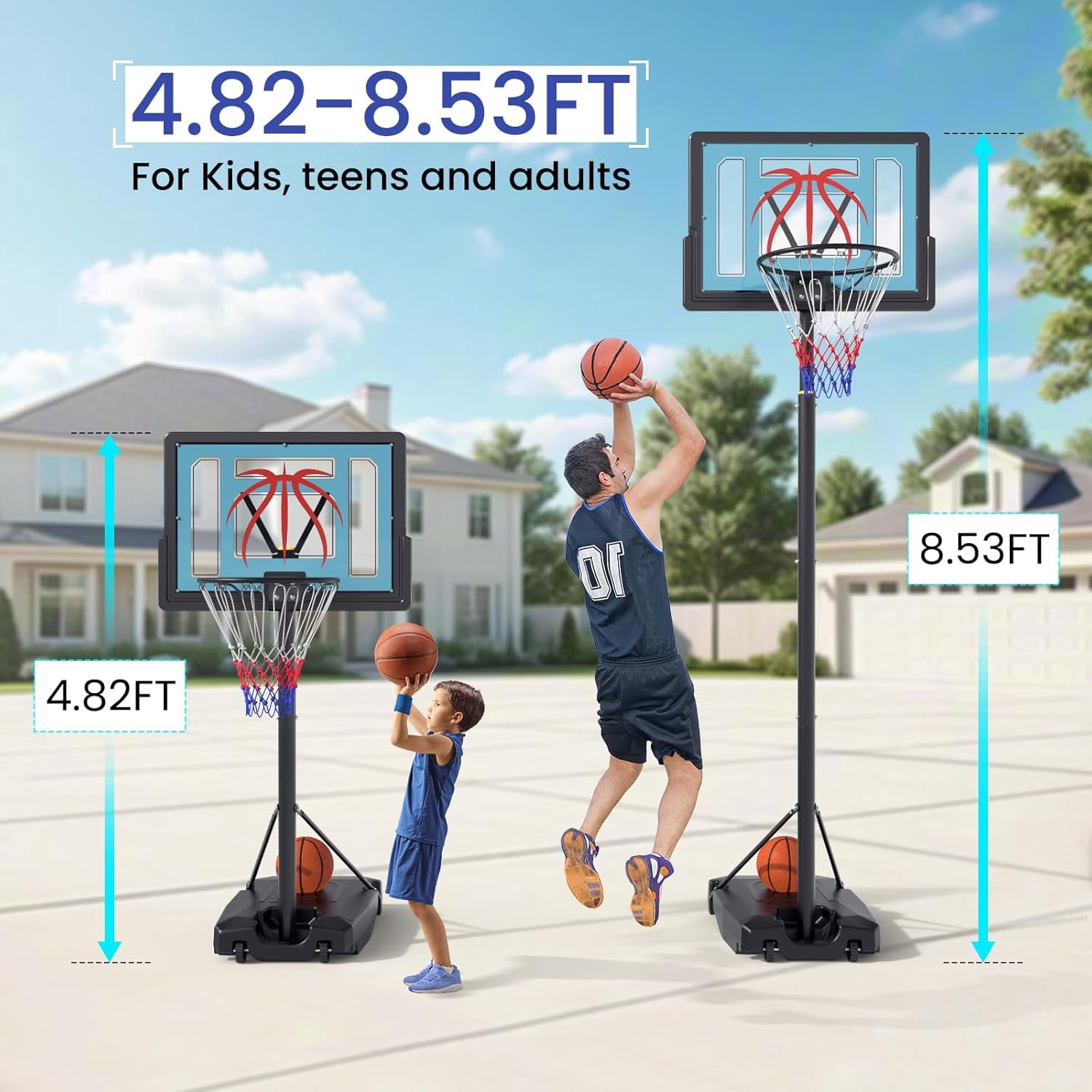 Teetheory Portable Basketball Hoop, 32" Adjustable Height (4.82-8.53FT) Backboard, with Wheels, Basketball & Pump Included, for Kids Teens Adults