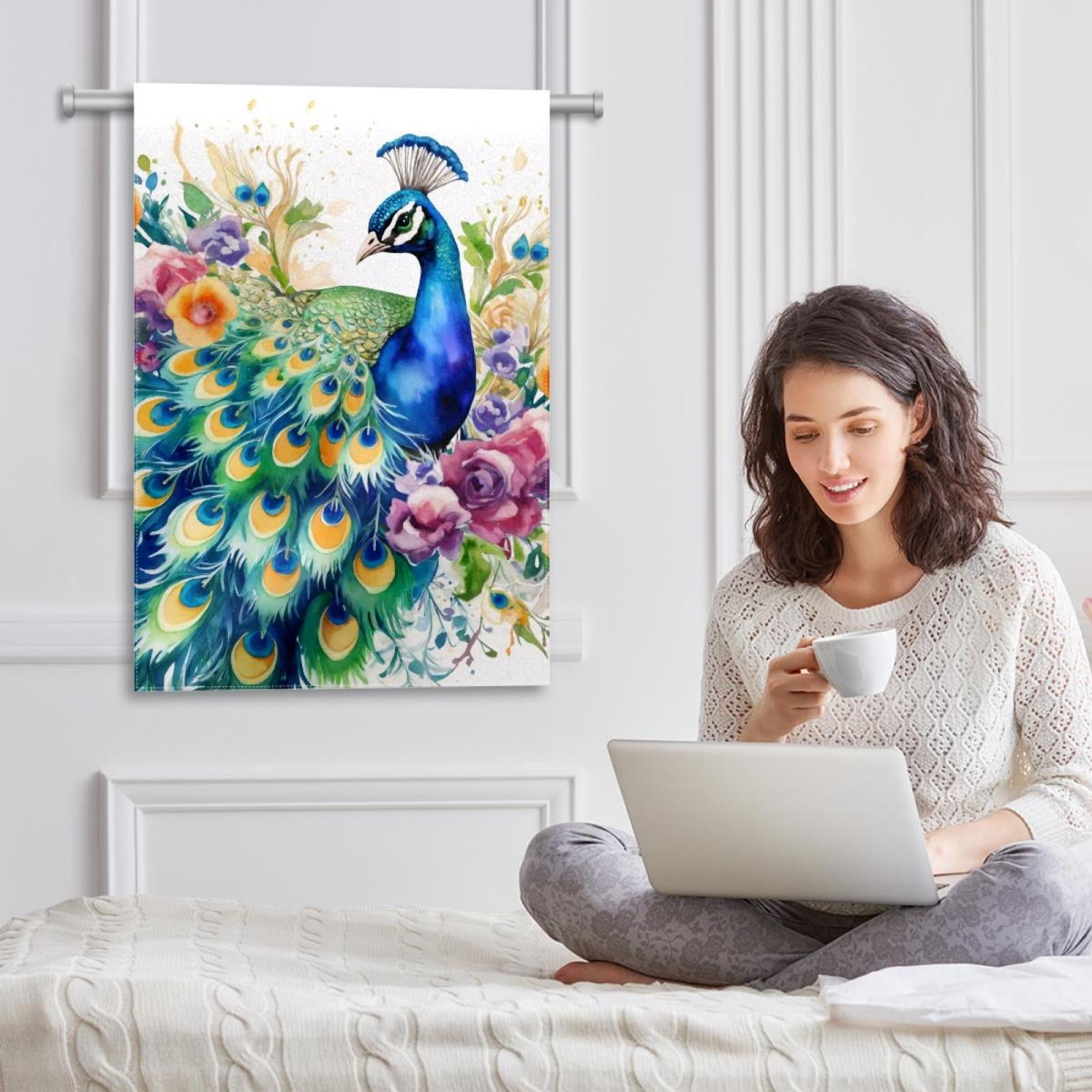 Watercolor Peacock with Flowers Double Sided Garden Flag Decorative Weather Resistant Yard Flag, Large DIY Vertical Flag for Farmhouse Patio Lawn, 28x40 Inch