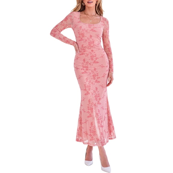 PRETTYGARDEN Women's Long Sleeve Floral Maxi Bodycon Dress Cocktail Dresses for Wedding Guest, Square Neck, Stretchy Mesh, Elegant Classy, Formal Holiday Party