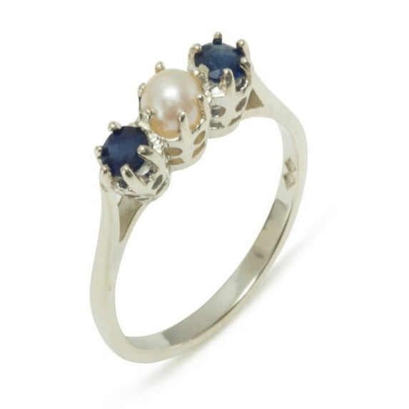 LBG 18k White Gold Cultured Pearl & Sapphire Womens Anniversary Ring - Size 10.25