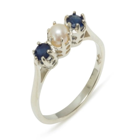 LBG 925 Sterling Silver Cultured Pearl & Sapphire Womens Anniversary Ring - Size 10
