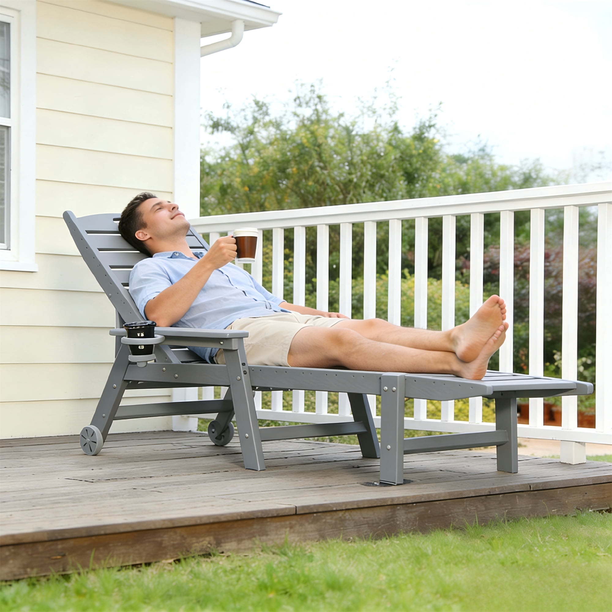 Aukfa HDPE Outdoor Patio Chaise Lounge Chair w/ Cup Holder&Wheels, 360 LBS Capacity, Gray