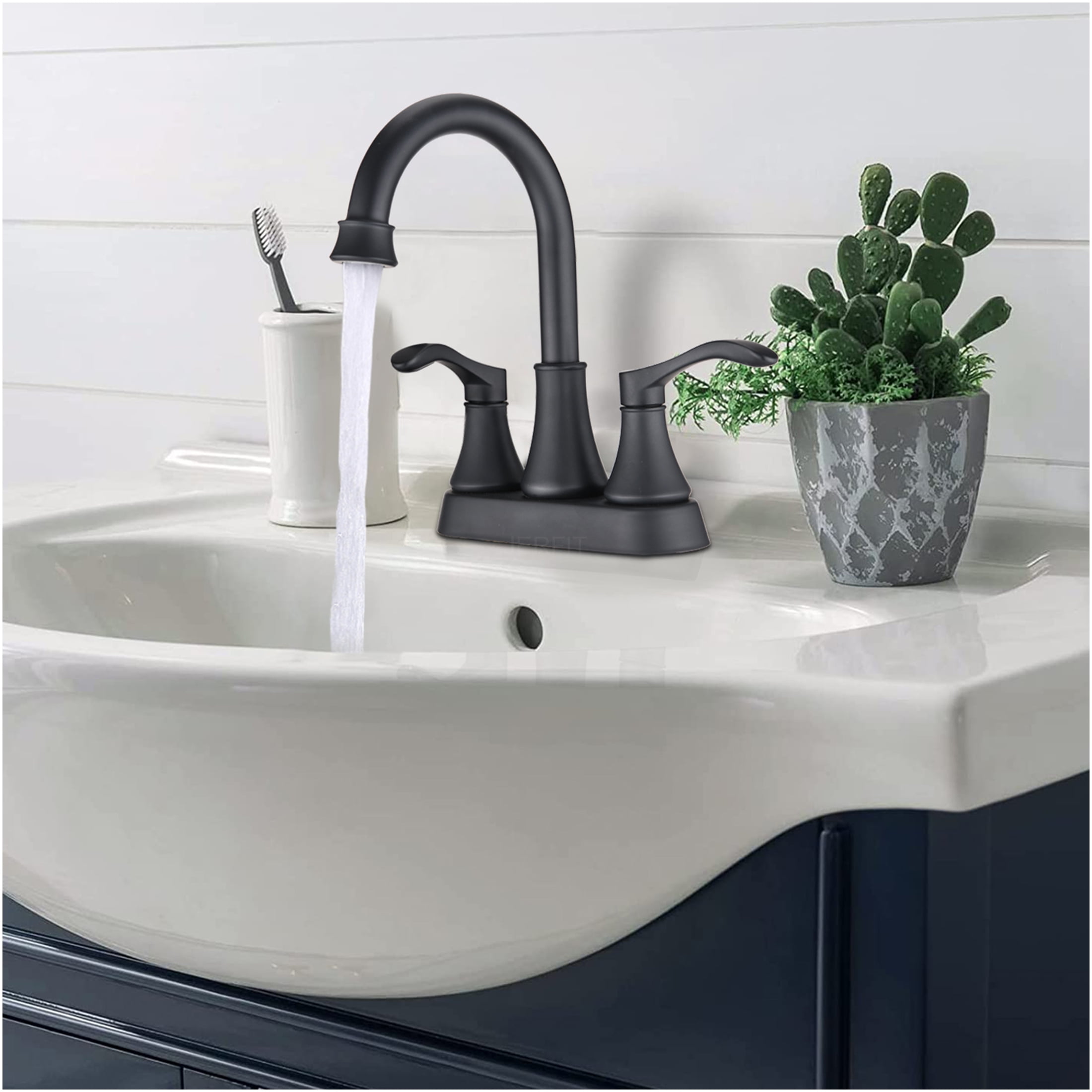 JERFIT 4-inch Centerset Bathroom Faucet with 360° Swivel Spout and Pop-Up Drain, Matte Black Finish, 2-Handle High Arc Zinc Alloy Faucet for Bathroom Sink