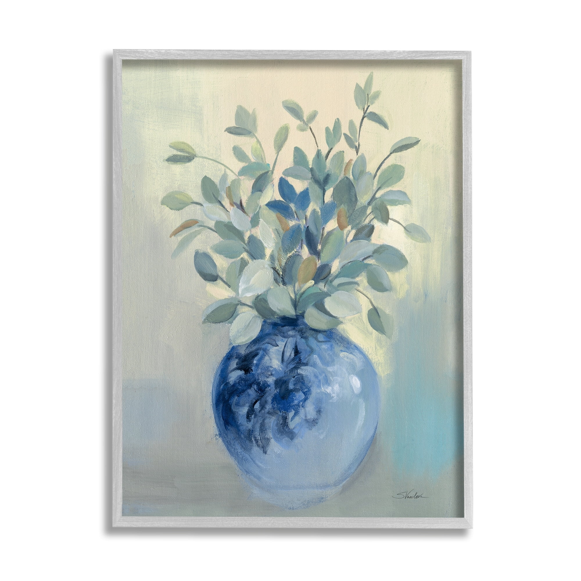 Silvia Vassileva Wild Botanicals Plant Sprigs Rounded Blue Bowl 11 in x 14 in Framed Painting Art Print, by Stupell Home Décor