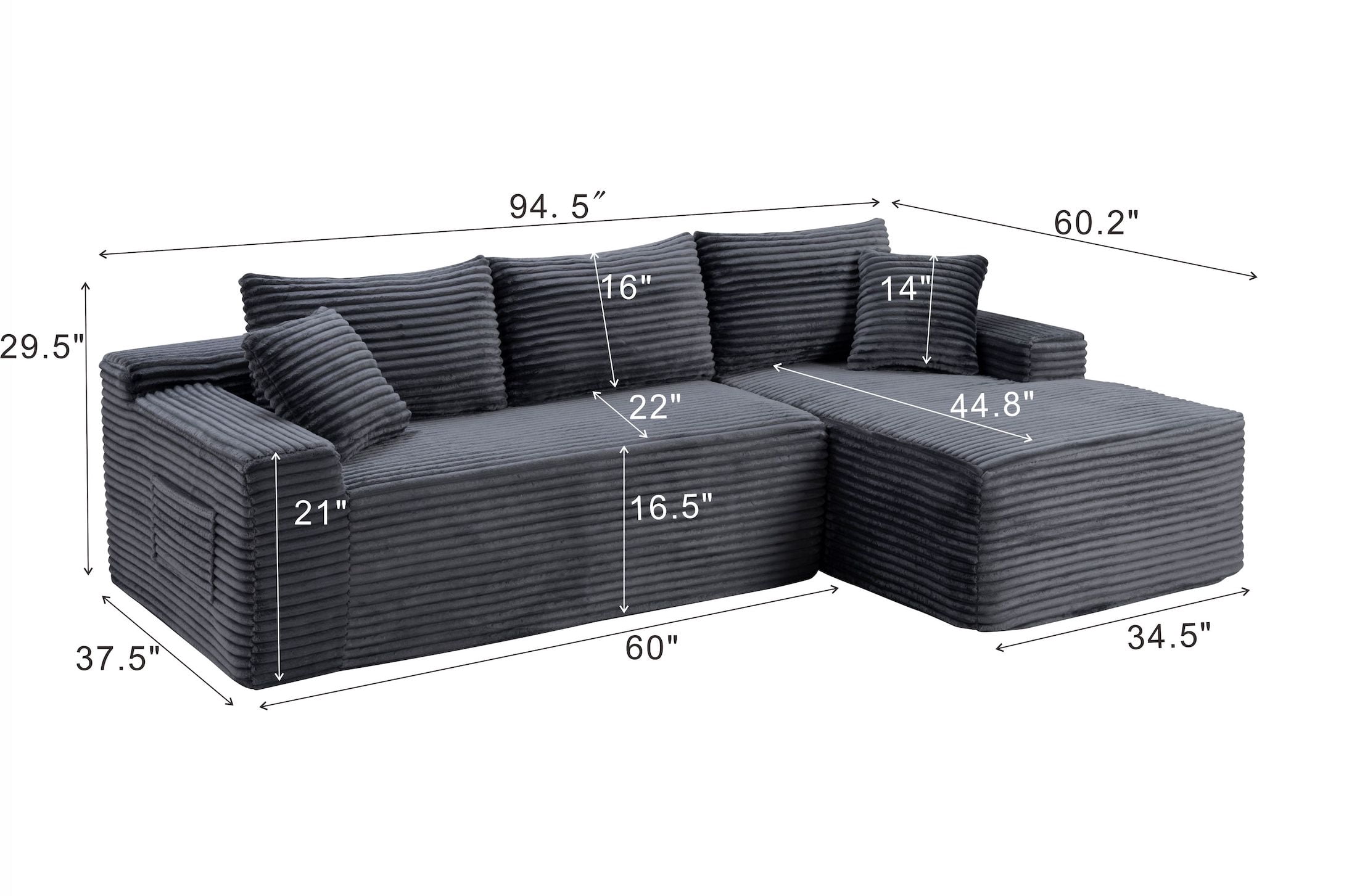 Xiweot 95" Cloud Sectional Sofa Deep Seat Boneless Couch L-Shaped Modular Couch, Modern Right Chaise Corduroy Upholstered Sofa with Side Pockets for Living Room, Gray