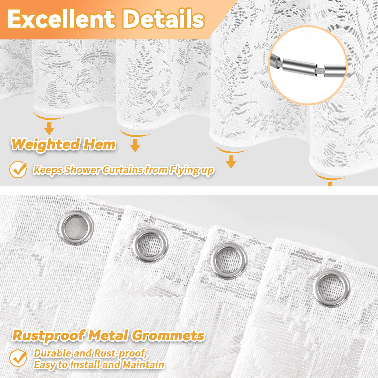 FRAMICS Fabric Shower Curtain Sets with Rug and Hooks, Lace Floral Leaves Bathroom Sets, Waterproof & Mold Resistant, White