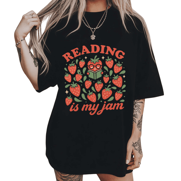 UNISHE Women's Berry Character Bookworm Star Foliage Cartoon Graphic Black T-Shirts S-5XL Casual Tops