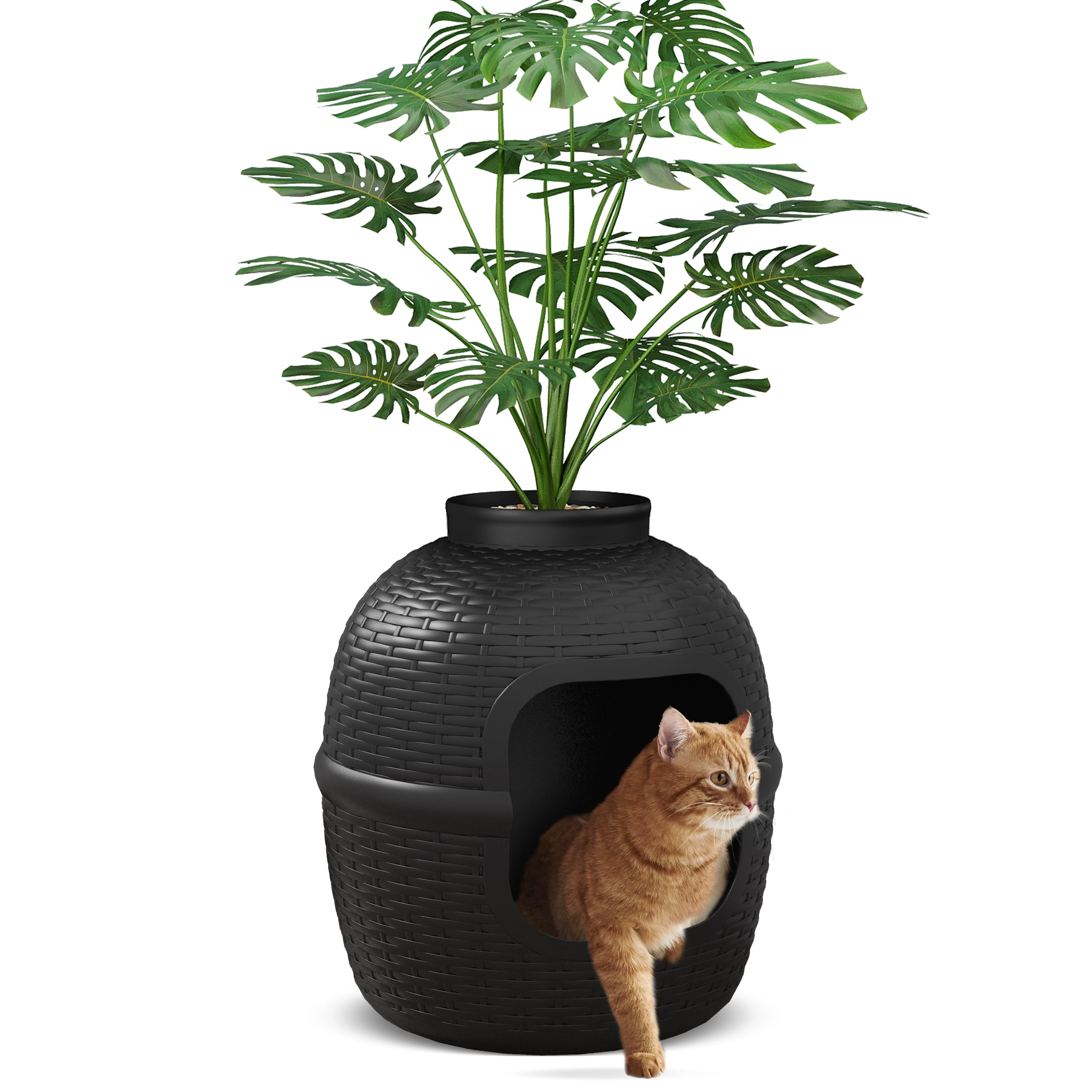 CozyHom Cat Litter Box Furniture Artificial Plant Hidden Calley, Ventilated Waterproof And Odor Resistant, Carbon Filter And 3.3lbs Real Stone Block For Large Cats, Black