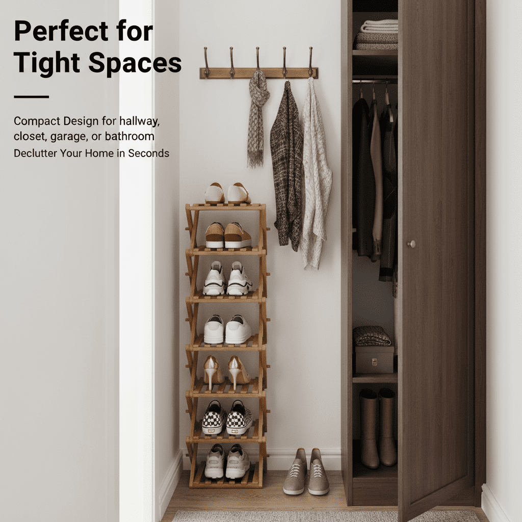 JUANYU Shoes Rack Organizer,Multi Tier Wooden Foldable Storage Rack for Home Shoe Storage with Durable Cross Structure,5-Tier,Tawny