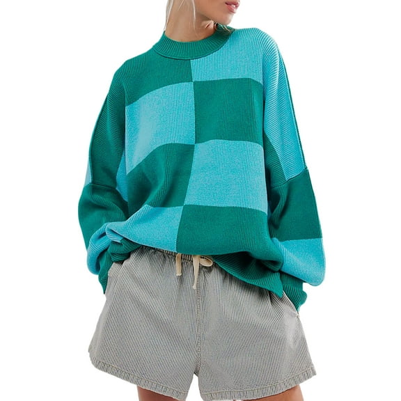 Women's Green Checkered Oversized Sweater with Side Slits Drop Shoulder - [ZhiHiMeRi] | (US 20-22)2XL
