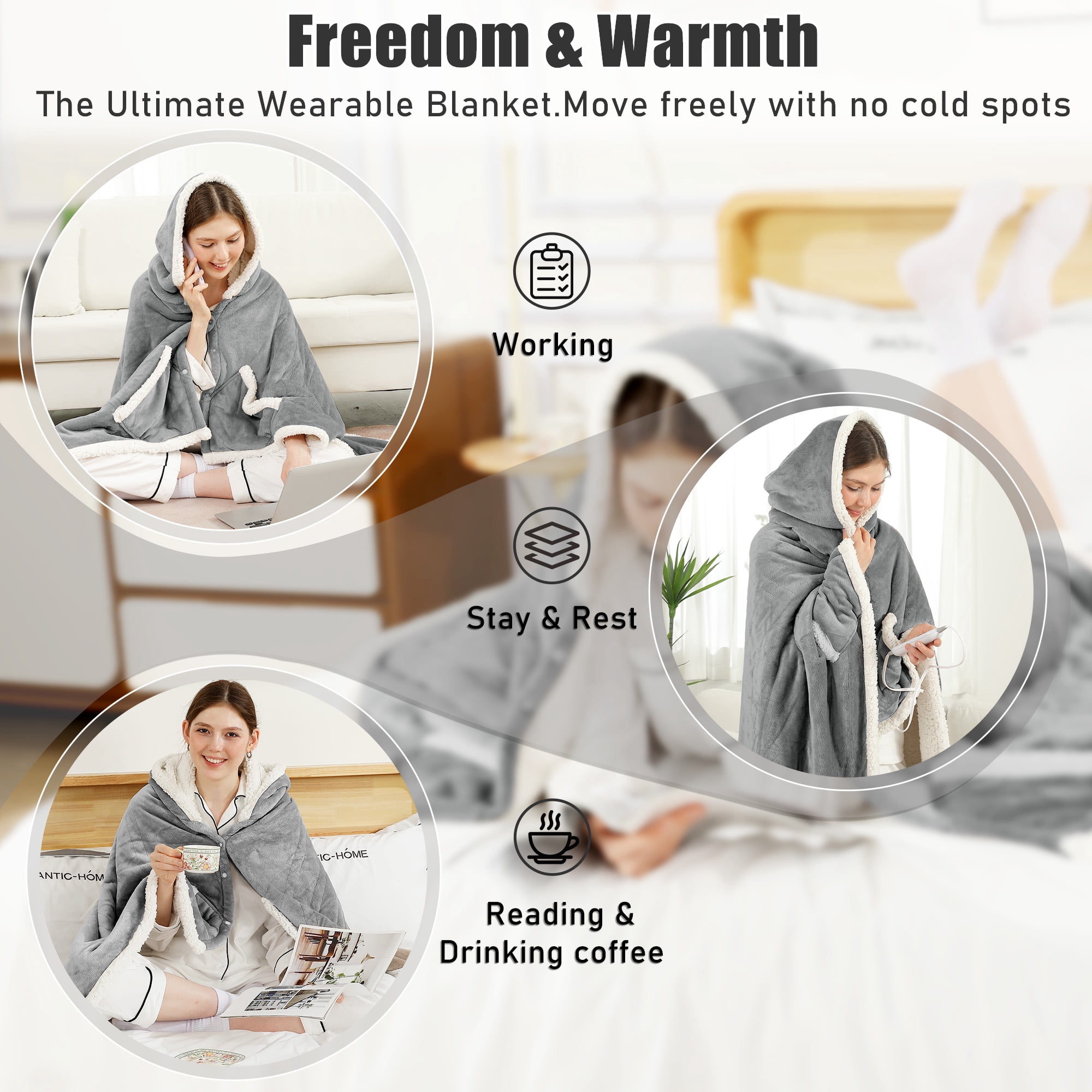 TRUSTWARMTH Wearable Heated Throw Blanket 50"*64", Electric Heated Throw Blanket Wrap Poncho with Hood Pockets, 6 Heating Levels & 4 Hours Time Settings, Machine Washable, Grey