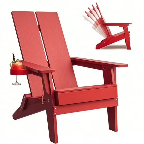 Folding Adirondack Chairs Plastic Outdoor All-Weather UV-Protected Modern Chaise Chair with Cup Holder
