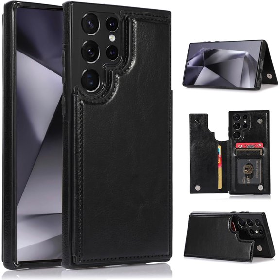 Design for Galaxy S24 Ultra Case with Credit Card Holder Slot PU Leather Wallet Phone Cases Stand Kickstand Durable Shockproof Protective Cover for Samsung S24U Women Men 6.8 inch Black