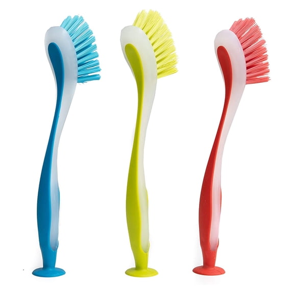 3Pcs Sink Cleaning Brushes With Integrated Suction Cup Extended Handle Design Multiple Bright Color Kitchens Scrub Brush