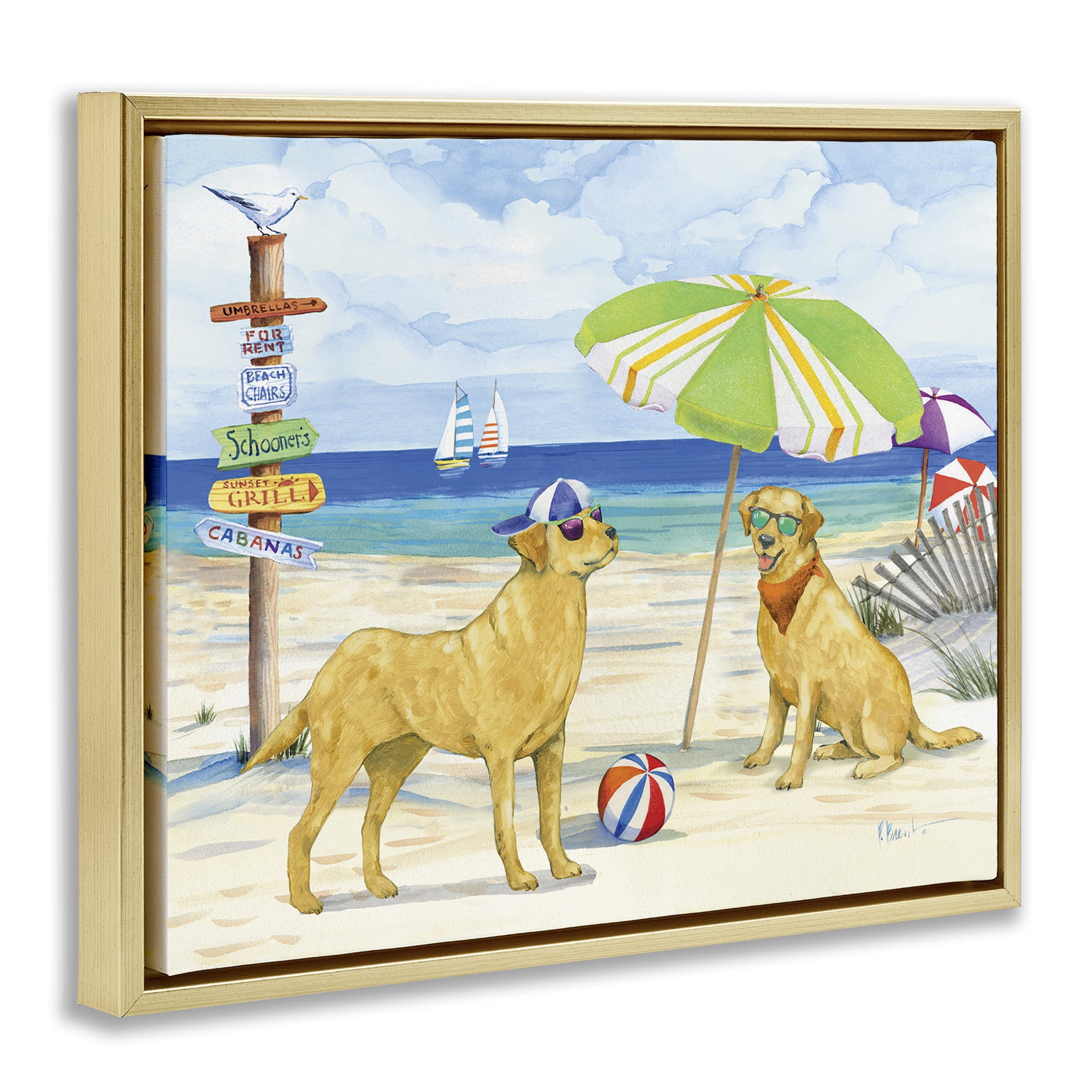 Stupell Industries Dog Day At Beach Animals & Insects Painting Gold Floater Framed Canvas Art Print Wall Art, 31 x 25