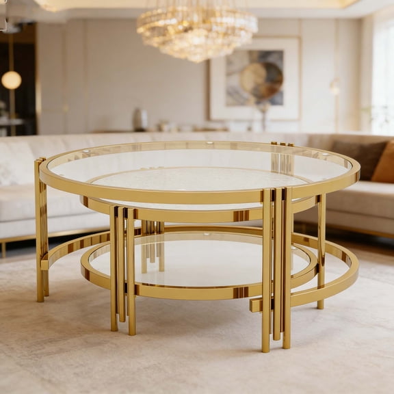 Gold 2-Piece Round Coffee Table Set, Tempered Textured Glass Modern Coffee Tables for Living Room, 32.75" Easy Clean