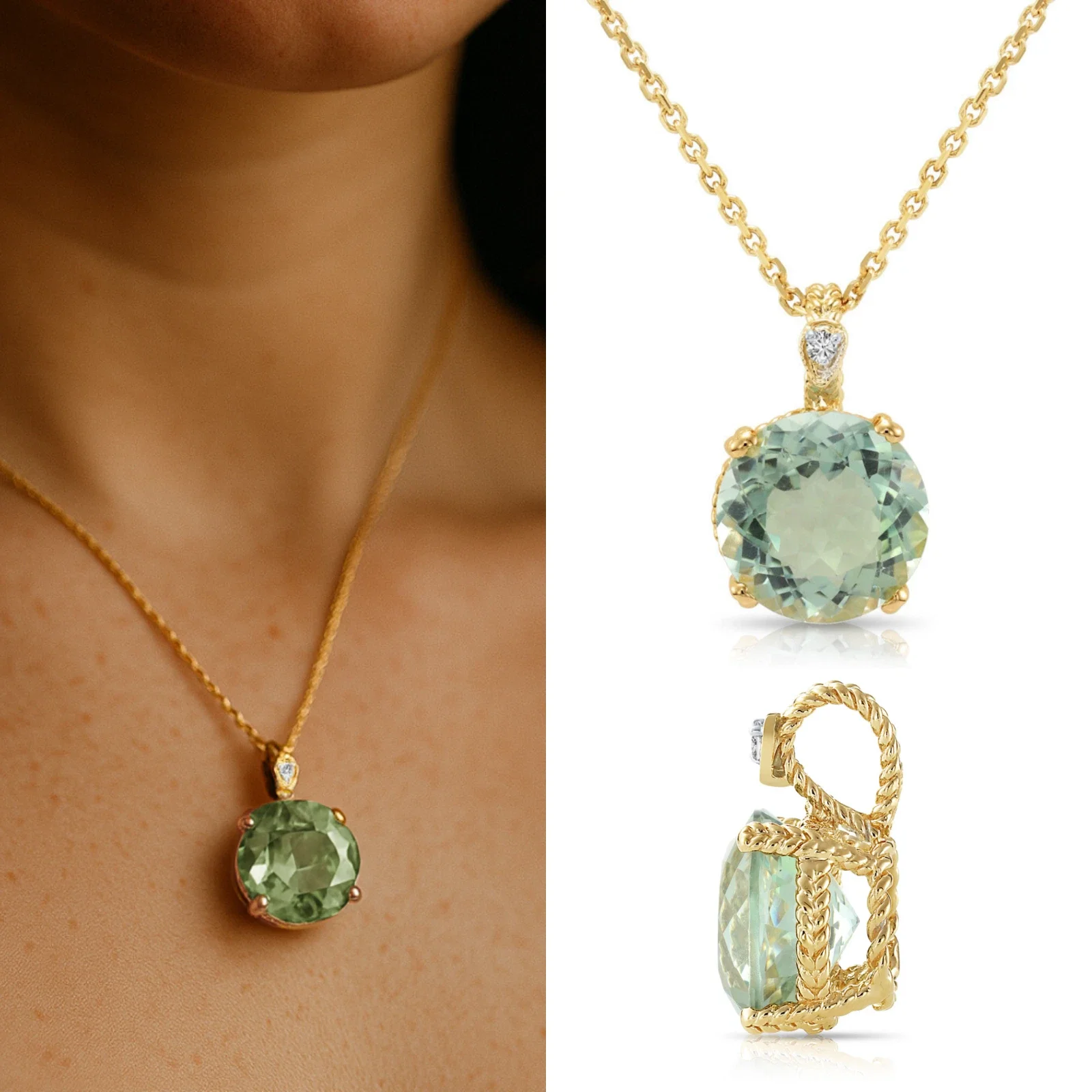 Tilo Jewelry 14K Yellow Gold 5 Carat Green Amethyst Gemstone Solitaire Pendant Necklace with Diamond Accents for Women & Unisex | 18 Inch Cable Chain