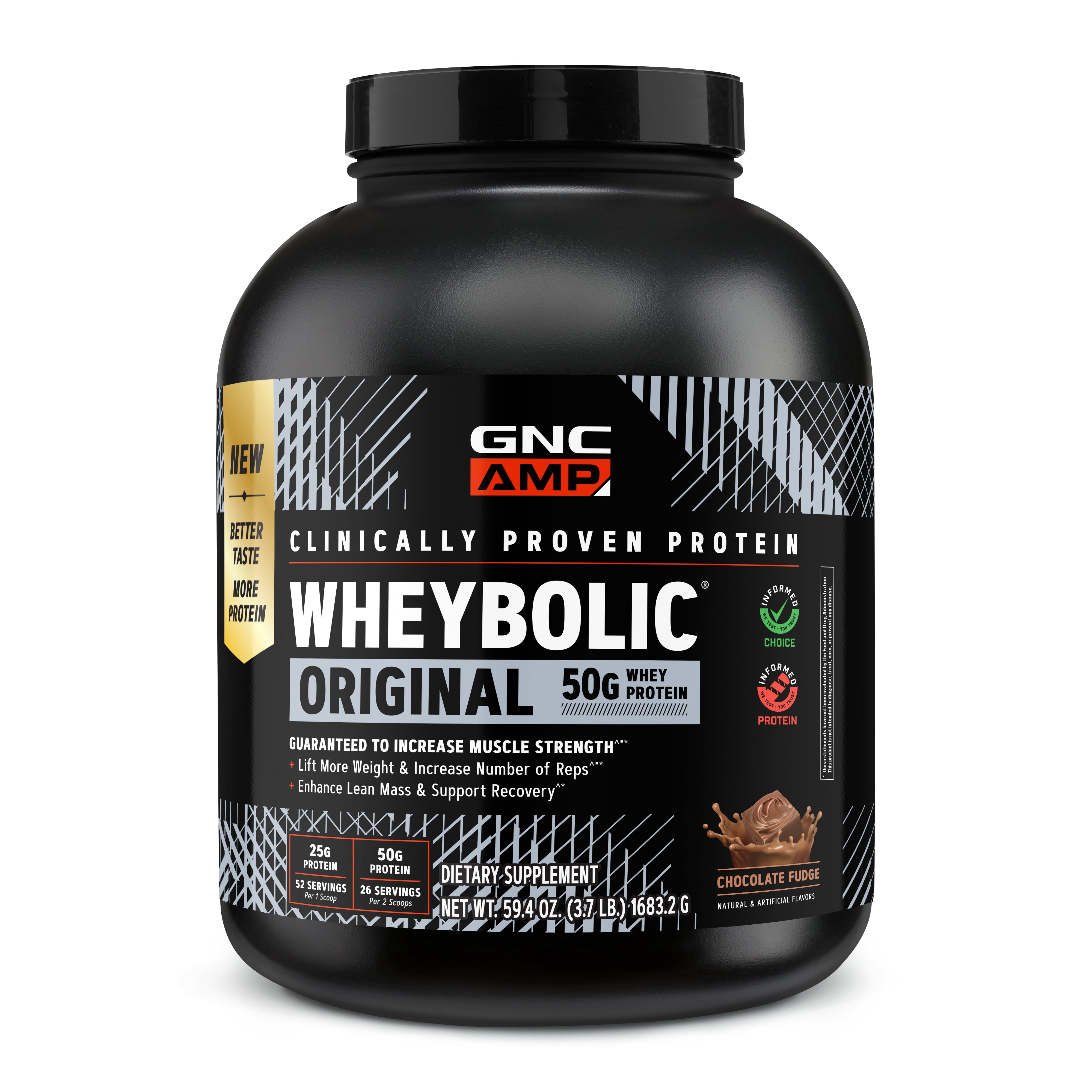 GNC AMP Wheybolic Clinically Proven Protein Powder, 50g Whey Protein, BCAA, Leucine, Increases Muscle Strength, Muscle Building, 3rd Party Tested, Gluten Free, Chocolate Fudge 26 Servings