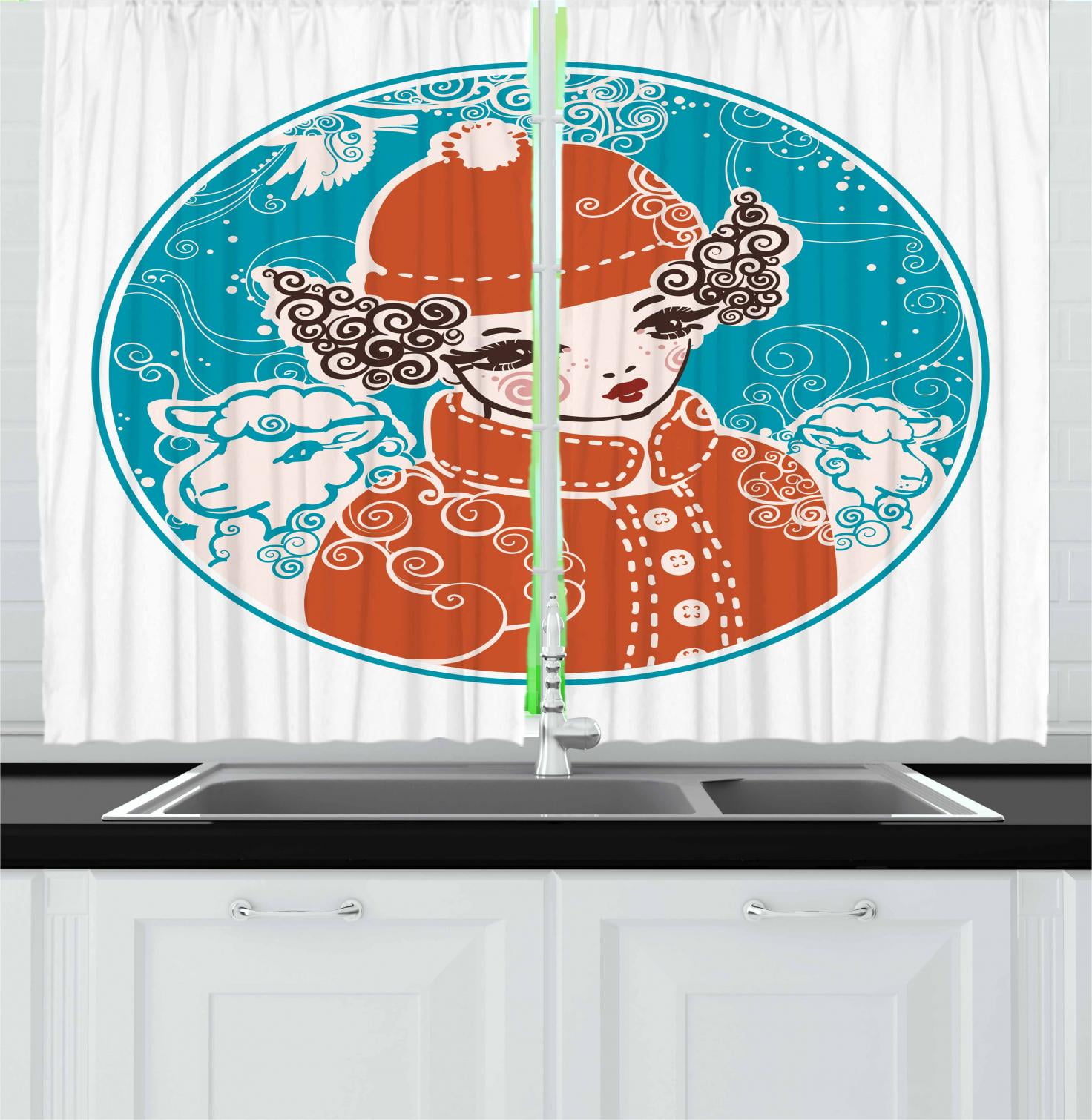 Girls Curtains 2 Panels Set Little Girl With Hairstyle Imitating