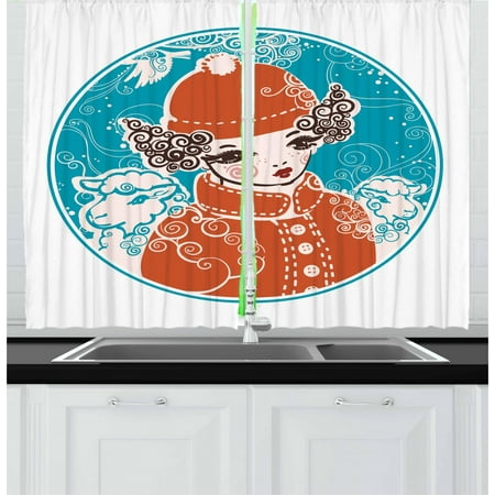 Girls Curtains 2 Panels Set, Little Girl with Hairstyle Imitating Horns and Sheep in Round Frame, Window Drapes for Living Room Bedroom, 55W X 39L Inches, Rust Sky Blue Seal Brown, by
