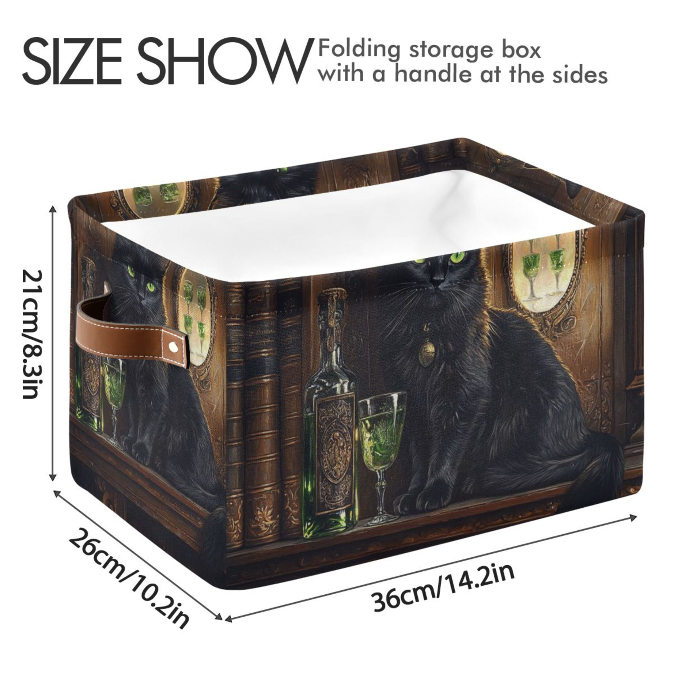 WOBOGO Black Cat with Absinthe Square Storage Basket with Waterproof Canvas and PE Lining Durable PU Leather Handles 14.2×10.2×8.3in