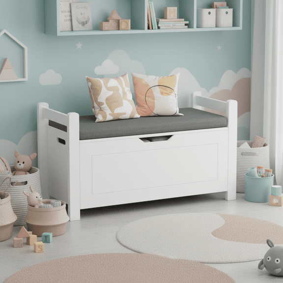Homy Casa Accent Storage Cabinet with Cushion Seat, Wooden Toy Chest Bench for Kids, White