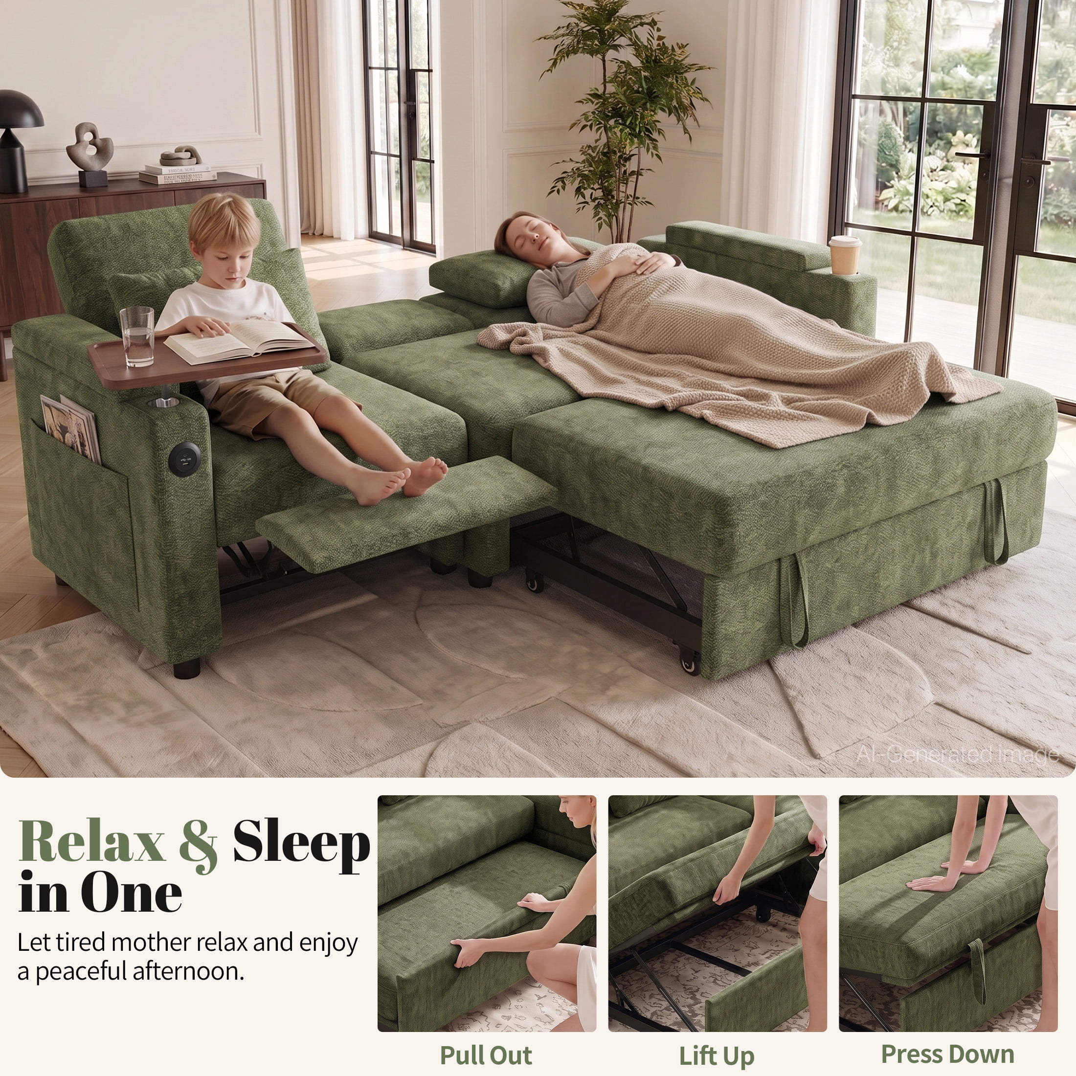 Aenkyo 81" 3-in-1 Convertible Sleeper Sofa with Pull Out Bed and Recliner, Adjustable Backrest, Green