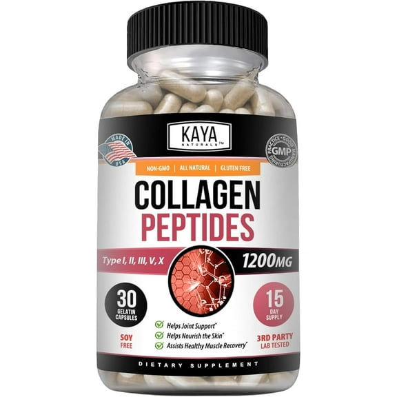 Kaya Naturals Multi Collagen Peptides Complex Powder for Women and Man, Vital for Hair, Skin, Nails, and Anti-Aging, Types I, II, III, V & X Collagen Protein Blend | Capsules - 30 Count Supplement