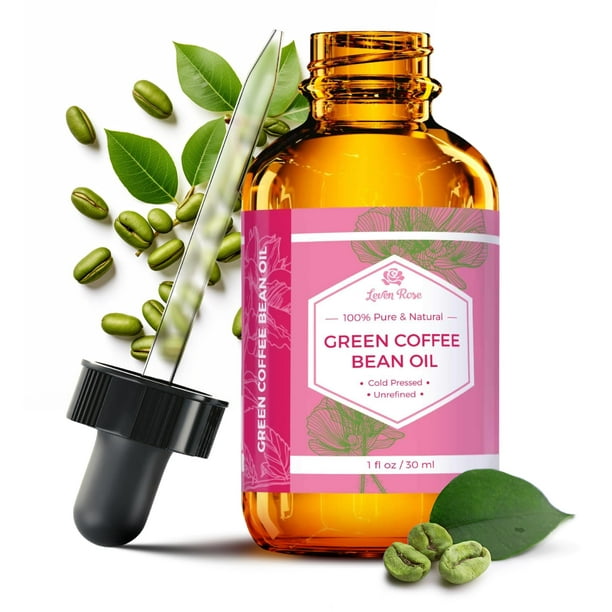 Aceite de grano de café verde Leven Rose natural, puro, prensado en frío, sin refinar, para alrededor de los ojos, cara, uñas, piel y cabello, botella de 1 oz (1 onza)