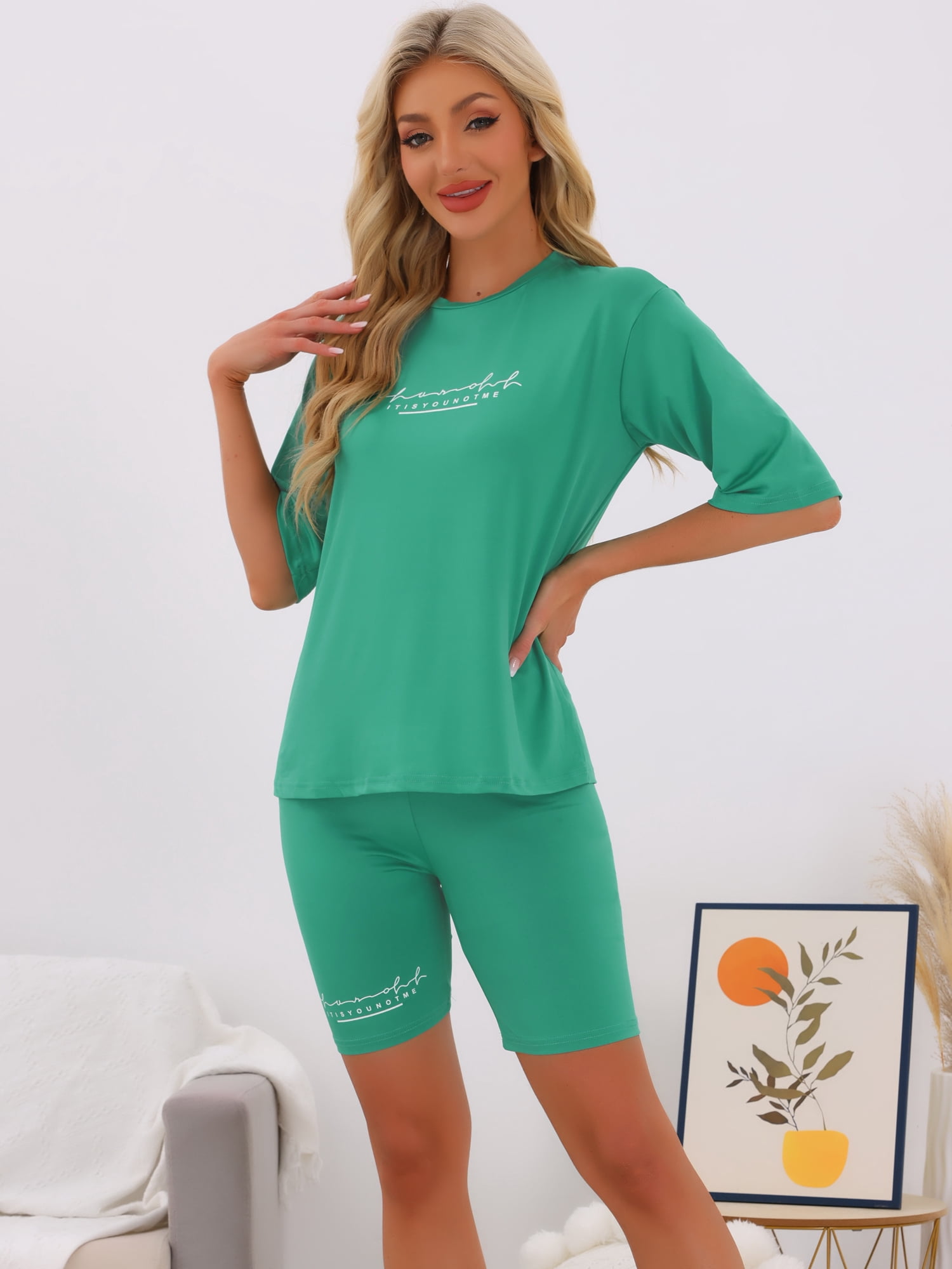 DARING DIVA Womens 2 Pieces Biker Shorts Set Outfits T-Shirt Lounge Wear XL Green