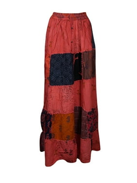 Mogul Women Vintage Patchwork Skirt Elastic Waist Handmade A-Line Long Skirts S/M