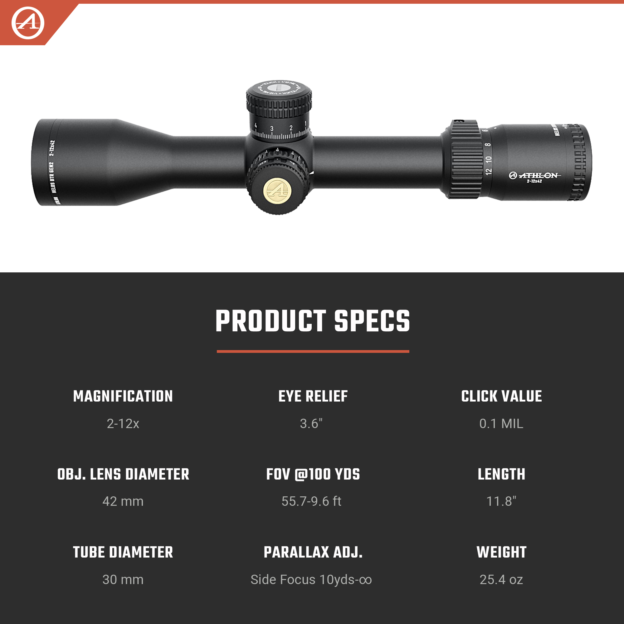 Athlon Optics Helos BTR GEN2 2-12x42 Riflescope AHMR2 FFP IR MIL Reticle