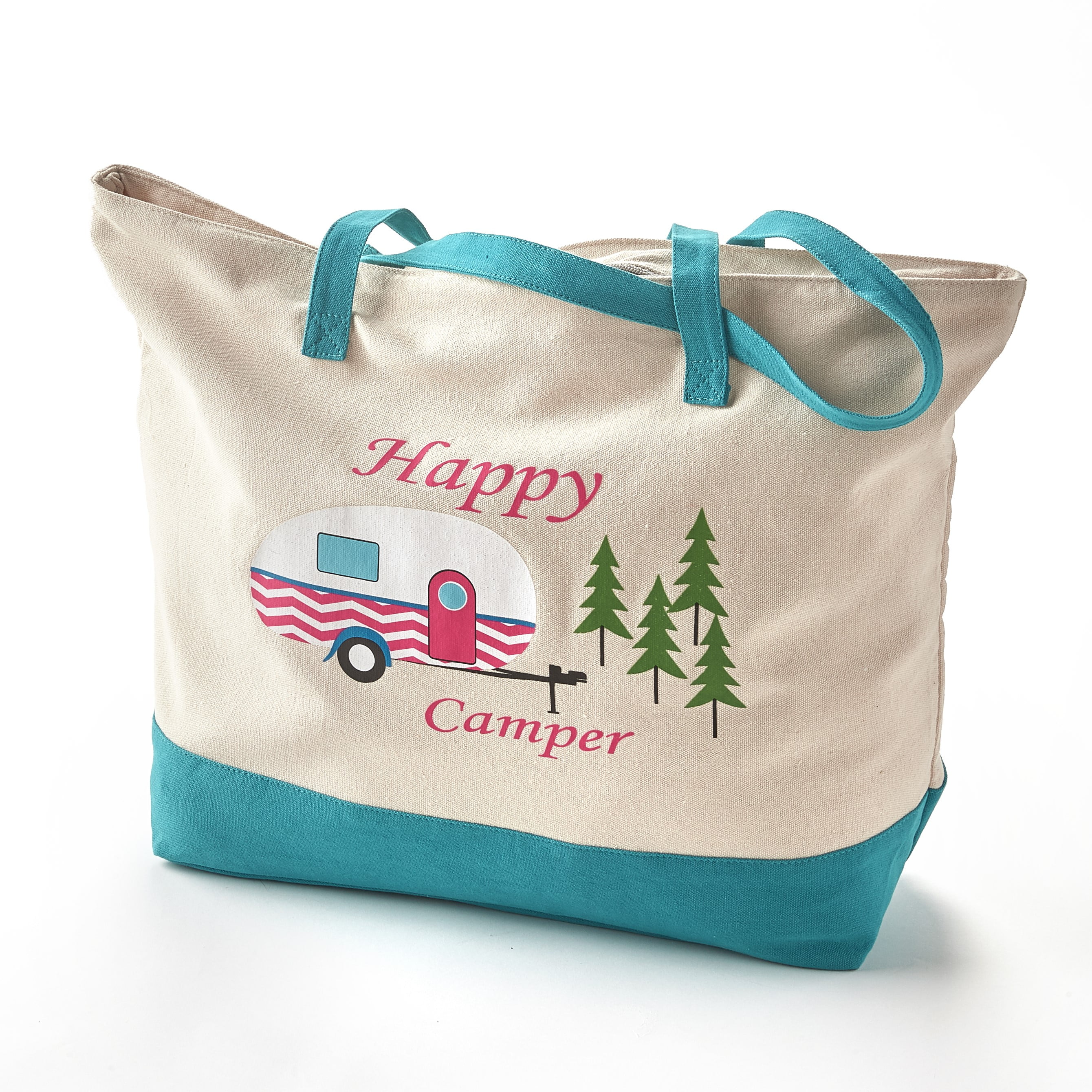 Happy Camper Canvas Tote Reusable Shopping Bag with Zipper, Retro