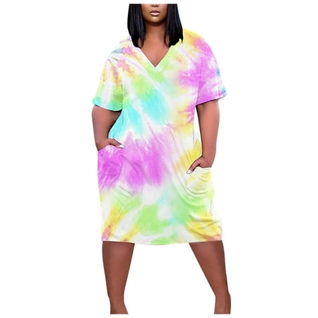 

YanHoo Women s Plus Size Dresses Sexy V Neck Short Sleeve Shift Dress Loose Summer Casual Midi Dress with Pockets