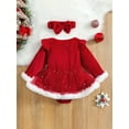 thumbnail image 4 of Musuos 2Pcs Baby Girls Christmas Outfit, Plush Patchwork Long Sleeve Romper Dress + Hairband Set for Toddler, 0-24 Months, 4 of 10